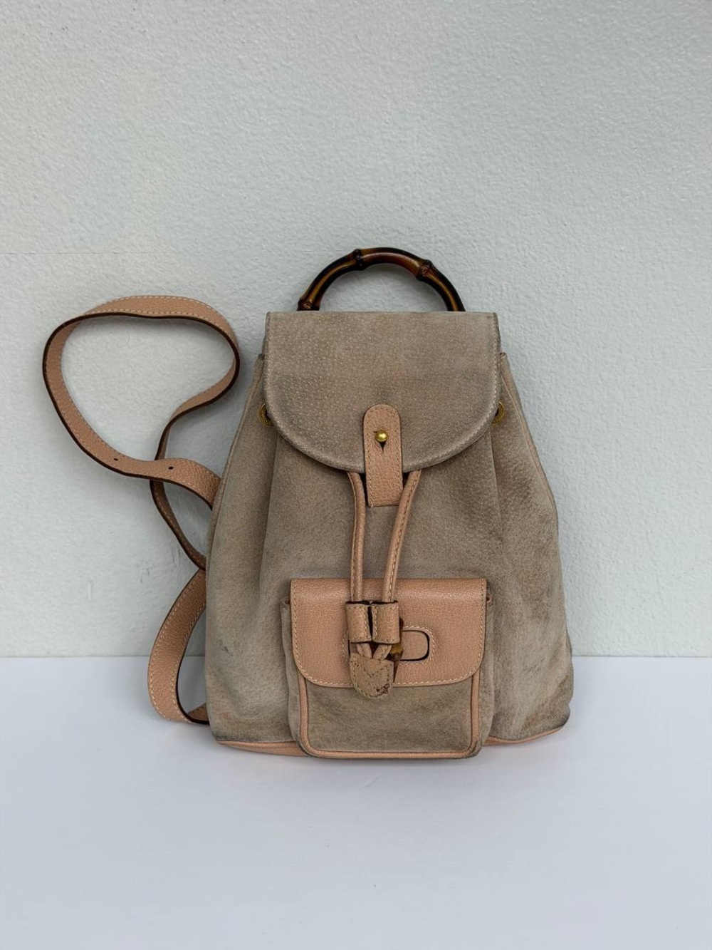 Vintage Gucci Bamboo Handle Suede Leather Backpack Dusty Pink Taupe